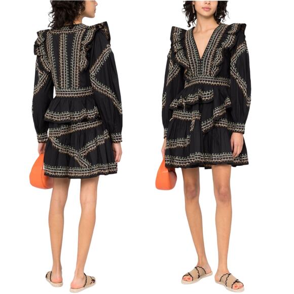 ULLA JOHNSON Anais Mini Dress Ruffle Embroidered V-Neck Black Noir Cotton 2 NWT - Picture 2 of 15